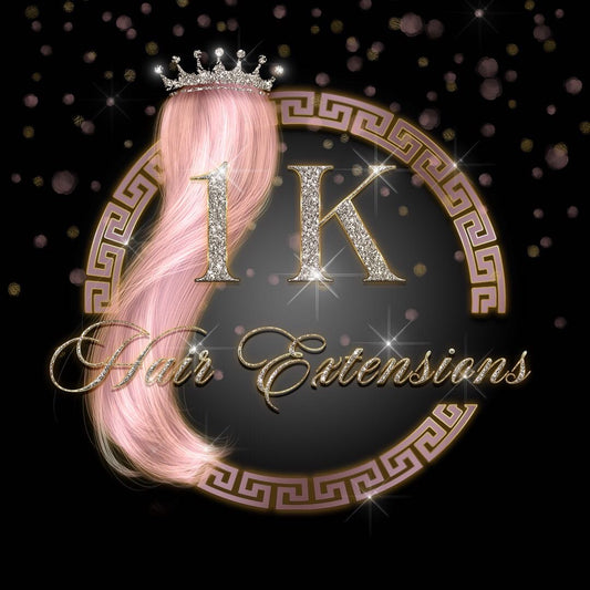 1K Hair Extensions logo with pink hair extensions and a crown on a dark background