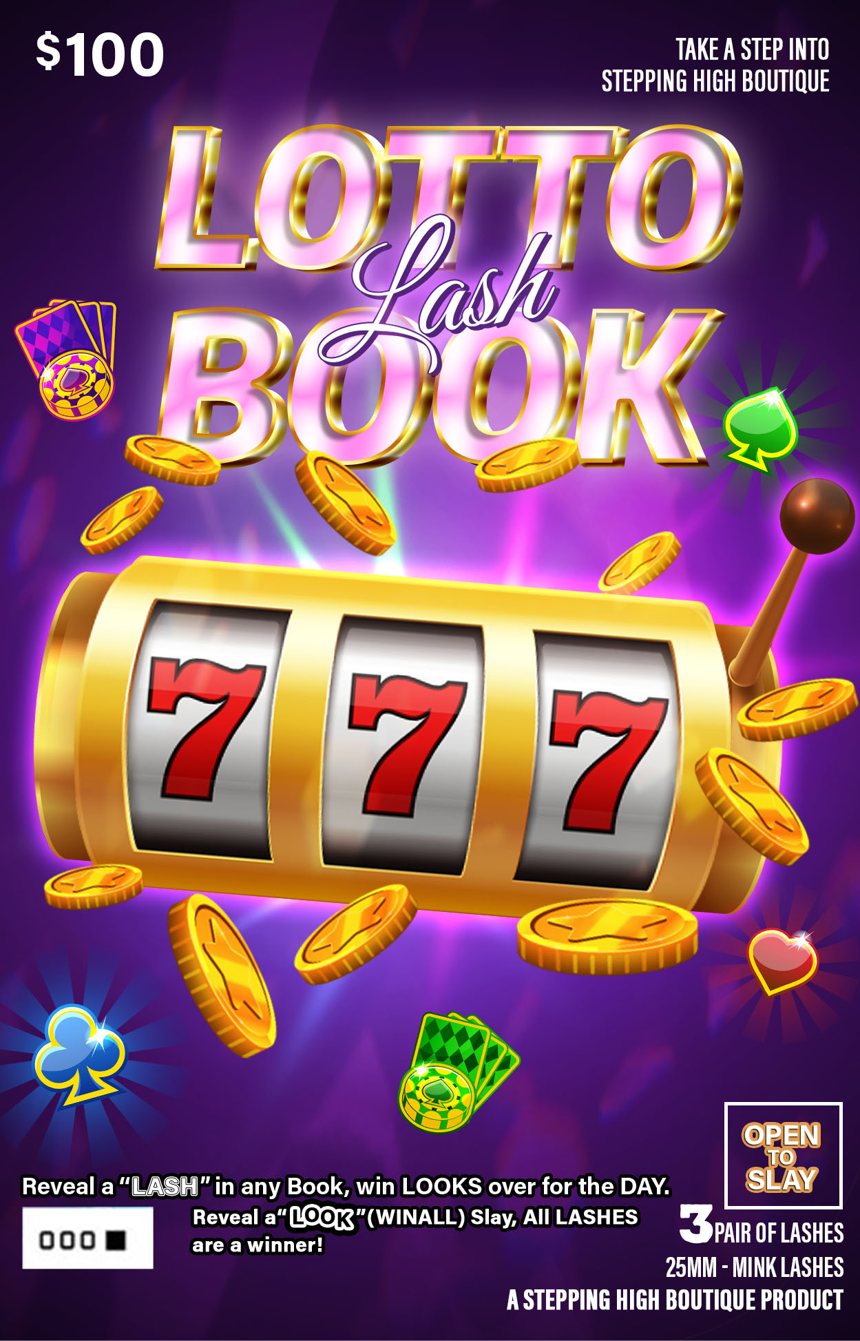 Promotional poster for 'Lotto Lash Book' with slot machine design and text on a purple background.