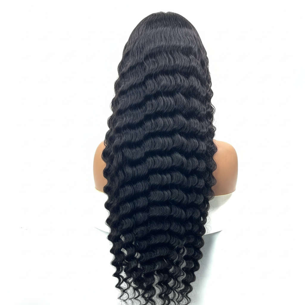 Black wavy hair wig on a mannequin head against a white background