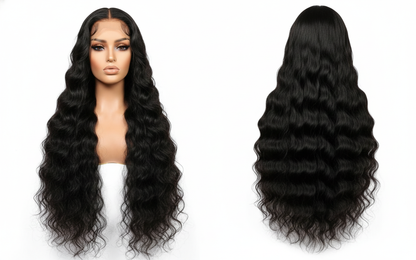 Black wig on a mannequin head with a side view of the hair strands displayed.